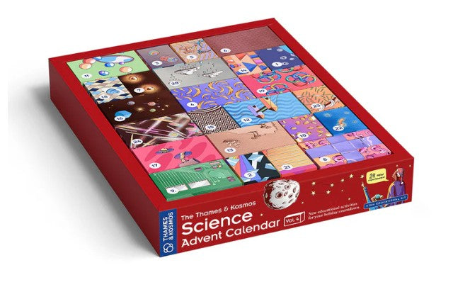 A vibrant red box labeled "The Thames & Kosmos Science Advent Calendar" by Thames & Kosmos features 24 colorful, numbered doors, each adorned with unique illustrations and patterns. The packaging displays images of a die and a scientist, inviting kids to discover exciting STEM activities and hands-on experiments hidden behind every door.