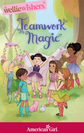 Five girls in colorful outfits smile outdoors with a unicorn and animals. The text reads Yoto American Girl: WellieWishers Whimsical Adventure. Enjoy magical audio stories for your Yoto Player. The scene is bright and whimsical.
