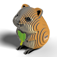 The Eugy EUGY Quokka 3D Puzzle is a layered wooden puzzle shaped like a smiling quokka holding a green leaf, featuring large, round eyes and the words "EUGY" and "Quokka" printed on its side. This adorable, eco-friendly STEM toy by Eugy is perfect for puzzle enthusiasts.
