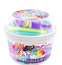 The So Slime Ice Slime Mini Cup by License 2 Play is a vibrant DIY slime kit packaged in a clear plastic mini cup with a dome lid, featuring icy slime, colorful straws, and a mixing tool inside. The label showcases fruit graphics and highlights sensory excitement with the playful Slime ICE branding.