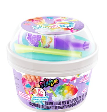 The So Slime Ice Slime Mini Cup by License 2 Play is a vibrant DIY slime kit packaged in a clear plastic mini cup with a dome lid, featuring icy slime, colorful straws, and a mixing tool inside. The label showcases fruit graphics and highlights sensory excitement with the playful Slime ICE branding.