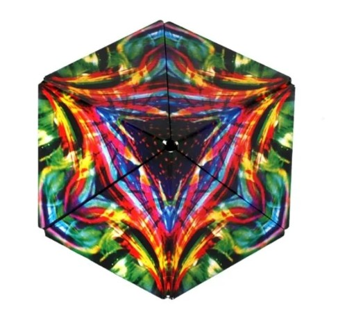 A hexagonal umbrella viewed from above, showcasing a vibrant, abstract tie-dye pattern with swirling red, yellow, green, and blue colors—reminiscent of the mesmerizing Cosmic Surfer design by Fun in Motion found on the Shashibo transforming cube.