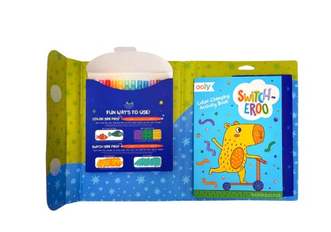 On the left, Ooly’s Switch-eroo!: Color-Changing Activity Kit displays a vibrant set of colorful markers, while on the right, the “Switch-eroo!” activity book features a playful cartoon animal riding a scooter. The inside cover is decorated with bright, whimsical star patterns, making this color-changing kit an ideal pick for inspiring kids’ creativity.