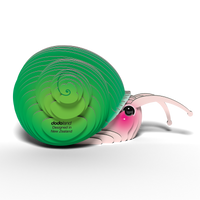 The EUGY Snail 3D Puzzle by Eugy is a cute, eco-friendly toy with a bright green spiral shell, pink face, blushing cheek, large eye, and “dodoland Designed in New Zealand” printed on its shell.