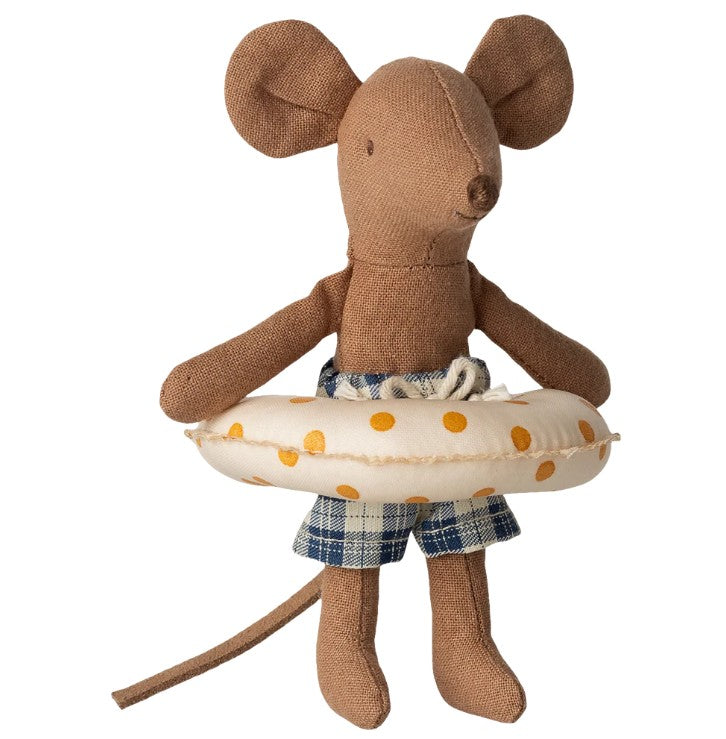The Maileg Beach Mouse With Float, Little Brother - Yellow Dots, by Maileg, is a brown fabric mouse in blue shorts with a yellow polka-dot swim ring—standing upright and perfect for beach-themed play.