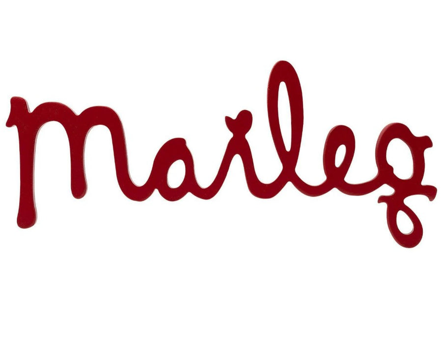 The Maileg Wooden Logo - Red features the brand name "Maileg" in a flowing, deep red cursive font on white, creating a decorative accent ideal for pairing with a wooden display.