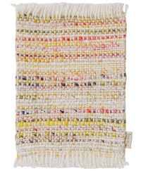 Introducing the Maileg Rug, Mouse, Mini - Multi Stripe by Maileg—a handwoven rectangular textile featuring a lively striped pattern in white, yellow, green, pink, and red threads. With its charming fringed edge and a small fabric tag on the lower right side, this mini rug is perfect as mouse room decor or as a colorful addition to your Maileg accessories collection.
