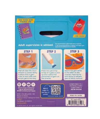 The back of the Mini Razzle Dazzle: D.I.Y. Gem Sticker Kit - Happy by Ooly displays three playful illustrated steps: peel off the sticker film, press the vibrant gem stickers onto each sticker, and match each gem with its numbered spot to craft unique, sparkling designs. Box also features a safety warning, Ooly company information, and a QR code linking to video instructions.