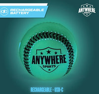 A glowing green LED Pro Glow Light-Up Baseball from Thin Air Brand, LLC, rechargeable via USB-C, is shown against a dark background.