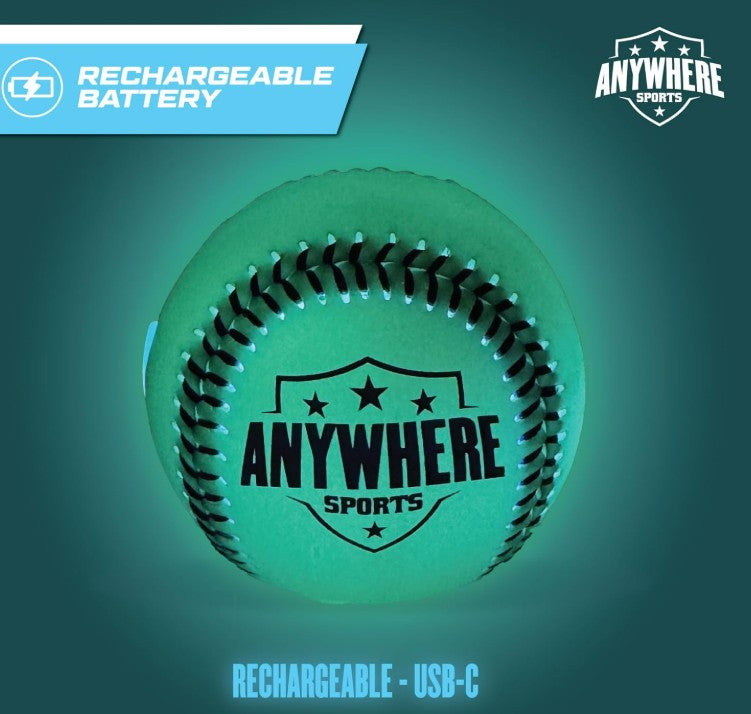 A glowing green LED Pro Glow Light-Up Baseball from Thin Air Brand, LLC, rechargeable via USB-C, is shown against a dark background.