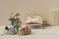 Maileg's Baby Mouse in Carry Cot - Blue rests in a charming miniature bedroom with bed, wardrobe, clock, nightstand, floral bags, pacifiers, and soft details for cozy play.