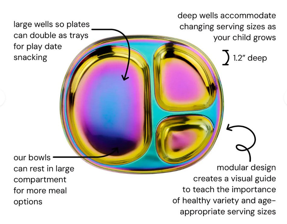 The ahimsa Rainbow Balanced Bites Compartment Plates (Pack of 4) feature three labeled sections in a colorful, iridescent design, with black text and arrows pointing out deep wells, modular layout, bowl space, and versatile use for snacks or meals.