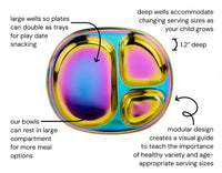 The ahimsa Rainbow Balanced Bites Compartment Plates (Pack of 4) feature three labeled sections in a colorful, iridescent design, with black text and arrows pointing out deep wells, modular layout, bowl space, and versatile use for snacks or meals.