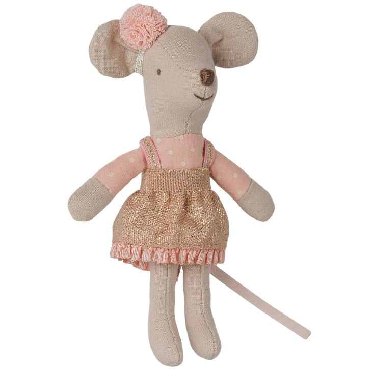 Meet the Maileg Driver Mouse, Little Sister: a charming fabric doll from Maileg, dressed in an adorable pink polka-dot top, sparkly pink skirt, and a pink flower headband. She features a sweet stitched smile and a long tail—perfect for inspiring imaginative pretend play adventures.