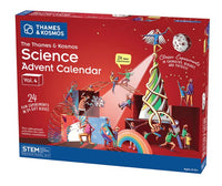 The Thames & Kosmos Science Advent Calendar by Thames & Kosmos comes in a red box featuring illustrations of children conducting experiments, alongside a Christmas tree and various scientific equipment. The packaging highlights 24 exciting STEM activities and experiments designed for ages 8–12.