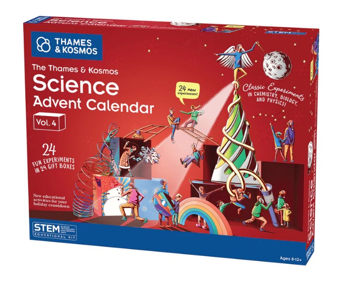 The Thames & Kosmos Science Advent Calendar by Thames & Kosmos comes in a red box featuring illustrations of children conducting experiments, alongside a Christmas tree and various scientific equipment. The packaging highlights 24 exciting STEM activities and experiments designed for ages 8–12.