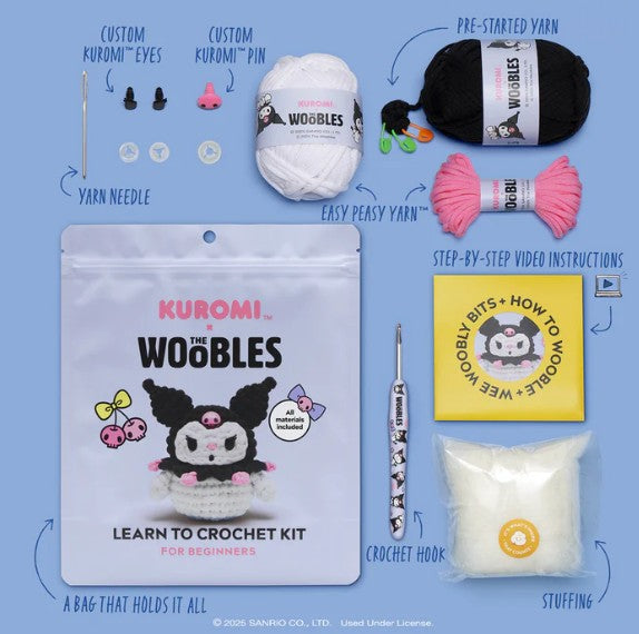 The Woobles Kuromi Crochet Kit is a beginner set featuring Sanrio’s Kuromi. It includes pre-started yarn, crochet hook, needle, stuffing, stitch markers, custom Kuromi pin, storage bag, instructions, and an easy tutorial.