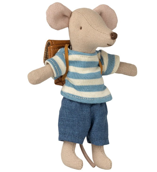 The Maileg Tricycle Mouse, Big Brother - Brown by Maileg sports a blue and white striped shirt, blue shorts, and a brown backpack—standing upright for imaginative play or pairing with Maileg tricycle accessories.