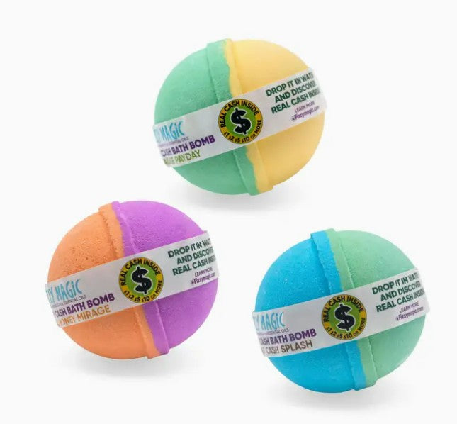 The Mystery Real Money Bath Bomb Surprise by Purposeful Bliss - Fizzy Magic includes three vibrant bombs—green/yellow, orange/purple, and blue/yellow—each labeled to hint at real cash prizes hidden inside.