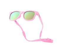 Baby Sunnies Barbie Pink Baby Polarized Sunglasses Strap UV Protection, featuring green-tinted lenses and an attached flexible strap for secure fit, are displayed on a white background.