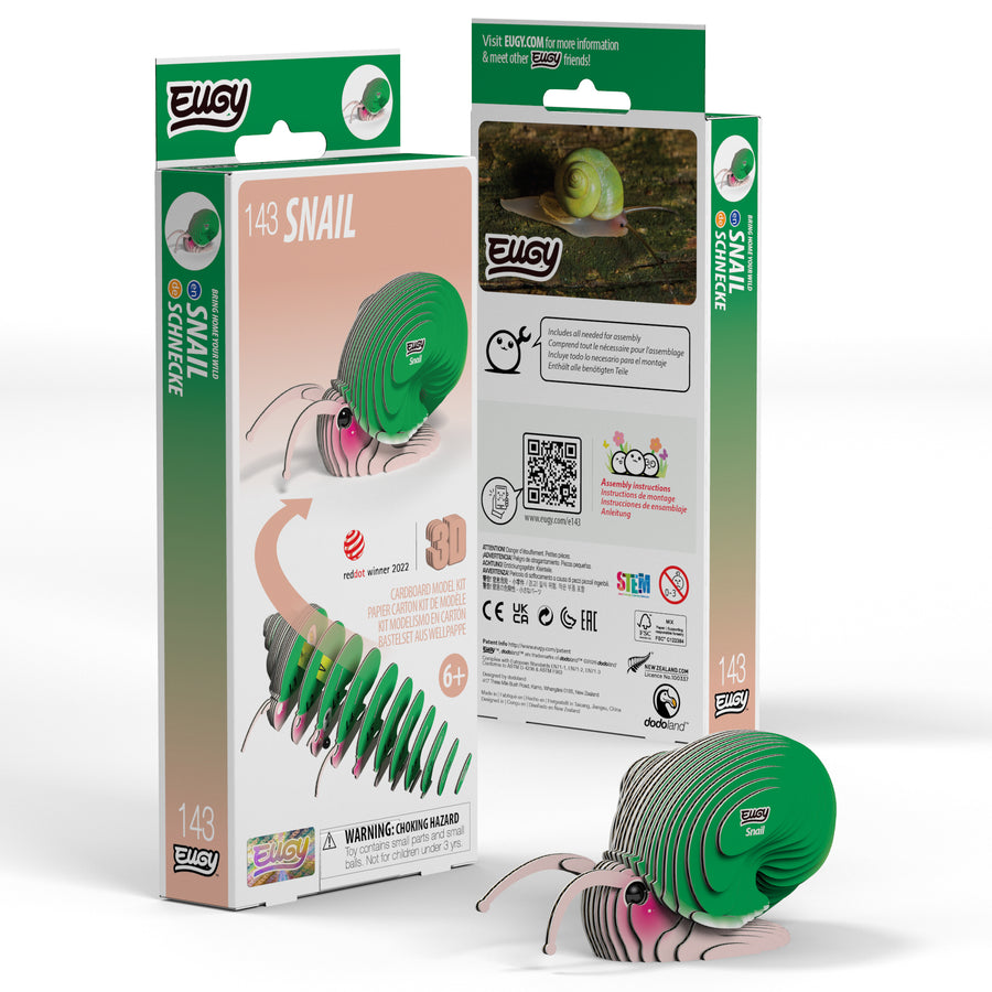 Packaging for the EUGY Snail 3D Puzzle by Eugy shows a green and pink snail, box fronts and backs with product details, 6+ age warning, images of the built puzzle, and highlights this eco-friendly STEM craft kit.