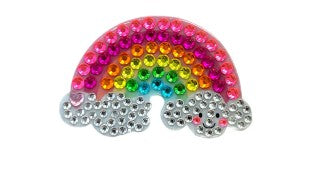 The StickerBean Happy Rainbow by StickerBean is a cheerful sticker showcasing a vibrant rhinestone rainbow with two silver clouds at each end, all set on a white background.