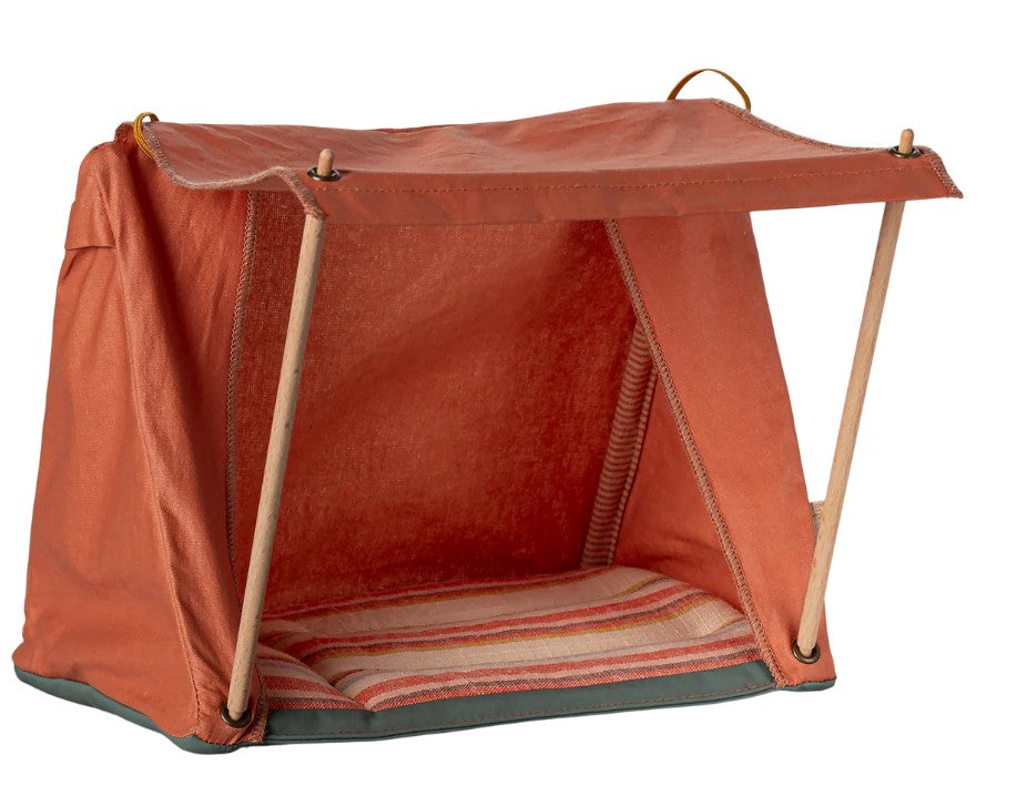 The Maileg Happy Camper Tent, Mouse by Maileg features an orange open-sided design with wooden poles and a striped cushion, creating the perfect setting for imaginative camping adventures and playtime fun.