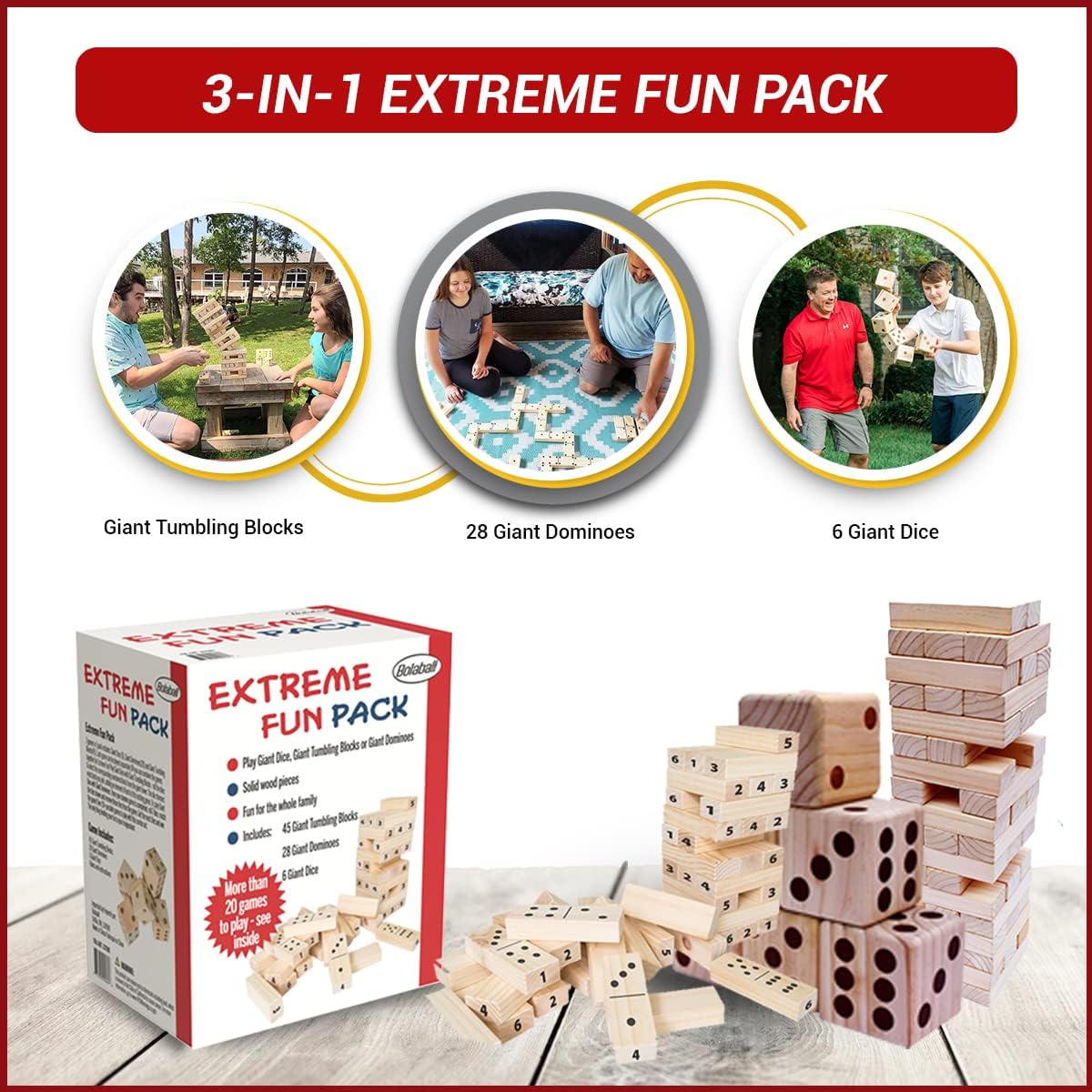 Bolaball 3-in-1 Extreme Fun Pack - Jumbo Wooden Family Games Backyard Set - Safari Ltd®