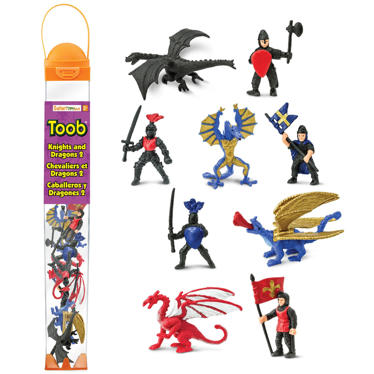 Safari Ltd. Knights & Dragons Toob - Set of 10 Mini Figurines: Red & Blue  Kingdom Knights, Catapult, and Green Dragon - History Learning Toy Figures
