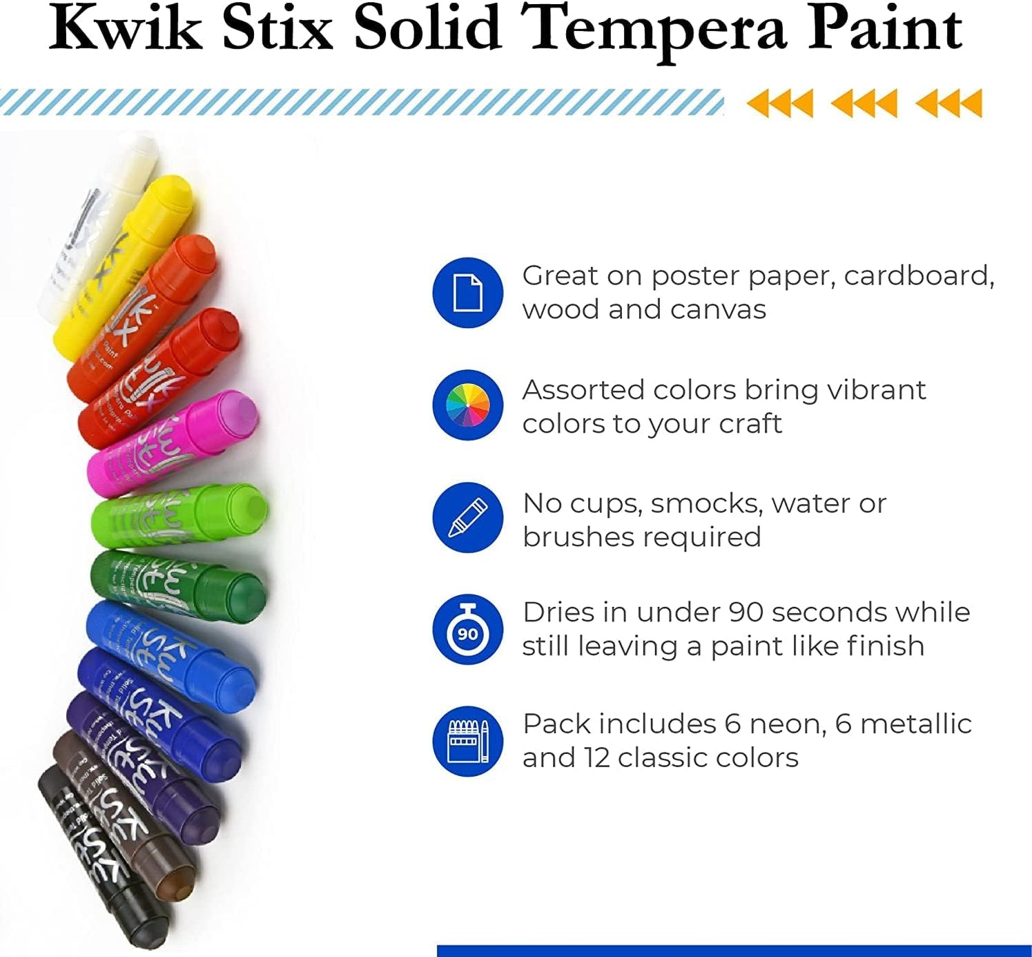 KwikStix Tempera Paint 24 Pack Classic, Metalix, Neon Colors Arts